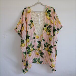 NWT Unbranded Womens Light Pink Open Front Tropical Striped Asymmetric Cover Up